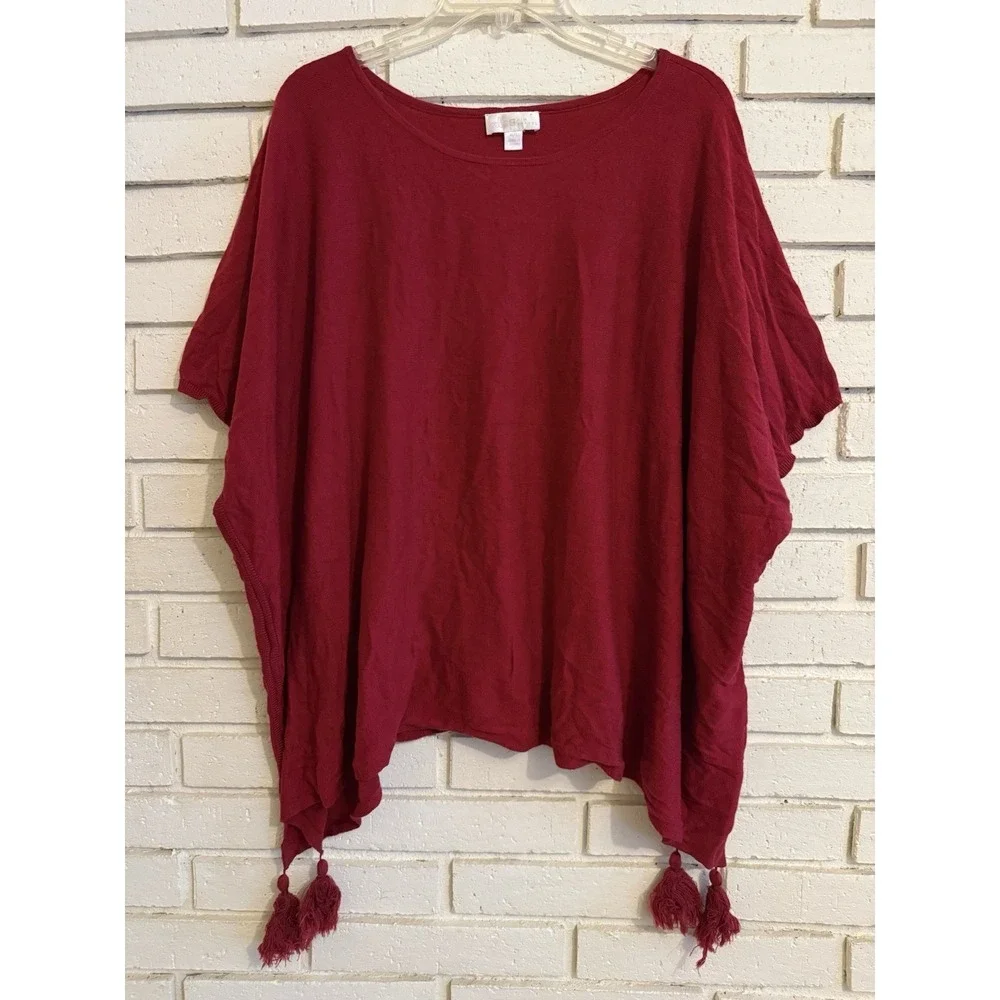 Belle by Kim Gravel Sweater Poncho with Tassels Size Medium/Large-Red